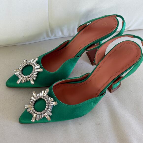 Amazon Satin Slingback Heels 9 Jeweled Embellished Emerald Green Sandals Pumps - Picture 6 of 8